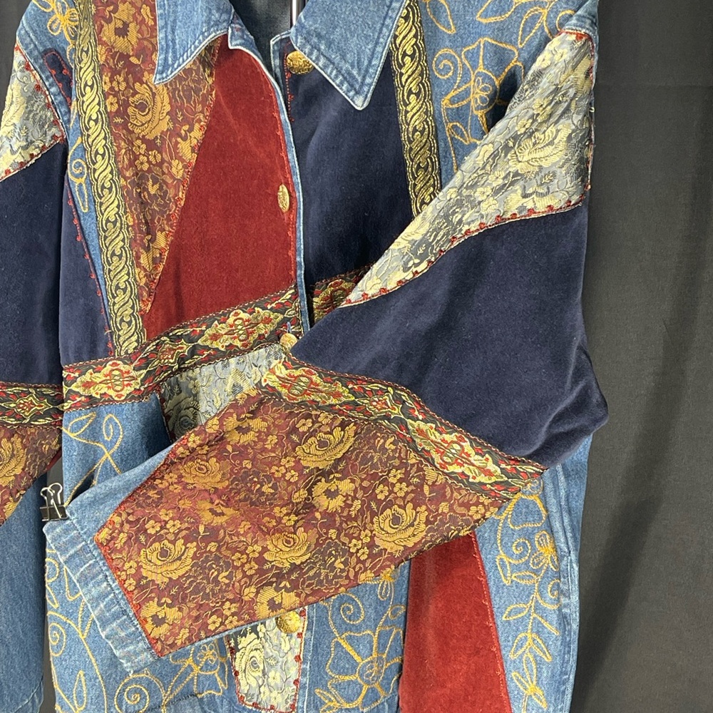 Vintage KEREN hart Patchwork Denim, embroidery & Velvet Jacket. Wine, Navy, Gold - Picture 5 of 7